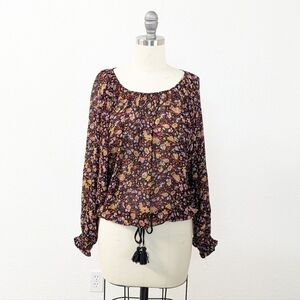 By Anthropologie Floral Dolman Sleeve Drawstring Hem Top Black Pink XS boho